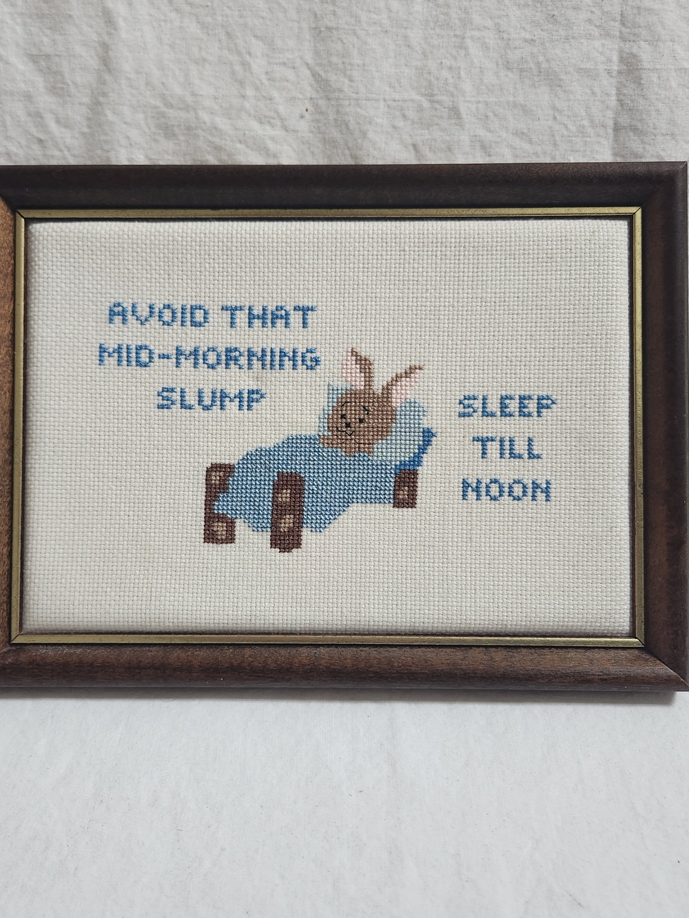 Cross-Stitch Framed Bunny Sleep Till Noon Artwork - Blue & Brown